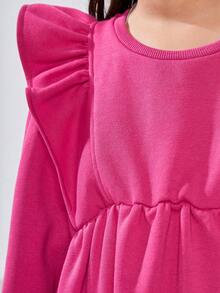 SHEIN Tween Girls' Vintage Loose Fit Cap Sleeve Round Neck Long Sweatshirt Dress - Hot Pink - View 4