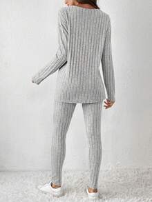 SHEIN Frenchy 純色開衩領長袖上衣和打底褲套裝 - 灰色 - 查看 2