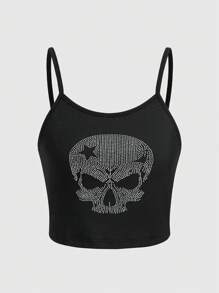 ROMWE Grunge Punk Skull Pattern Print With Rhinestone Embellished Tank Top - Black - View 1