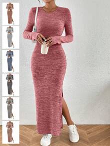 SHEIN Privé Ladies High Side Slit Dress - Red - View 3