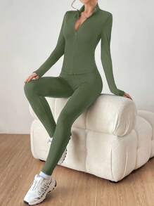 SHEIN EZwear Women's Solid Color Zippered Cardigan & Tank Top Two Piece Set