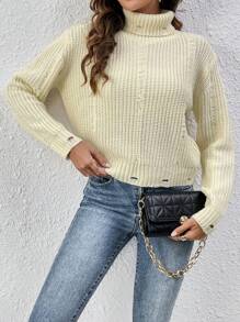 SHEIN LUNE 女士高领落肩针织套头衫秋冬毛衣 - 米色 - 查看 6