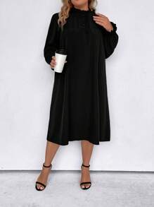 SHEIN LUNE Plus Size Women's Stand Collar Ruffle Sleeve Straight Dress - Black - View 4