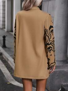 SHEIN Clasi Line Print Fitted Cut Woolen Fabric - Khaki - View 2