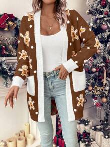 SHEIN LUNE Casual Women's Gingerbread Man Pattern Cardigan Sweater - Coffee Brown - View 5