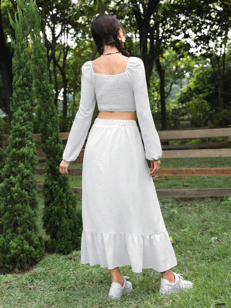 Women's Sweetheart Neck Balloon Sleeve Top And Ruffle Hem Skirt Two-piece Set