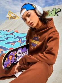 Gameset SHEIN Sport Women's Hooded Sportswear Set With Letter Prints - Coffee Brown - View 4