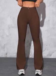 SHEIN PETITE 女士實色喇叭牛仔褲,印花口袋設計 - 棕色 - 查看 1