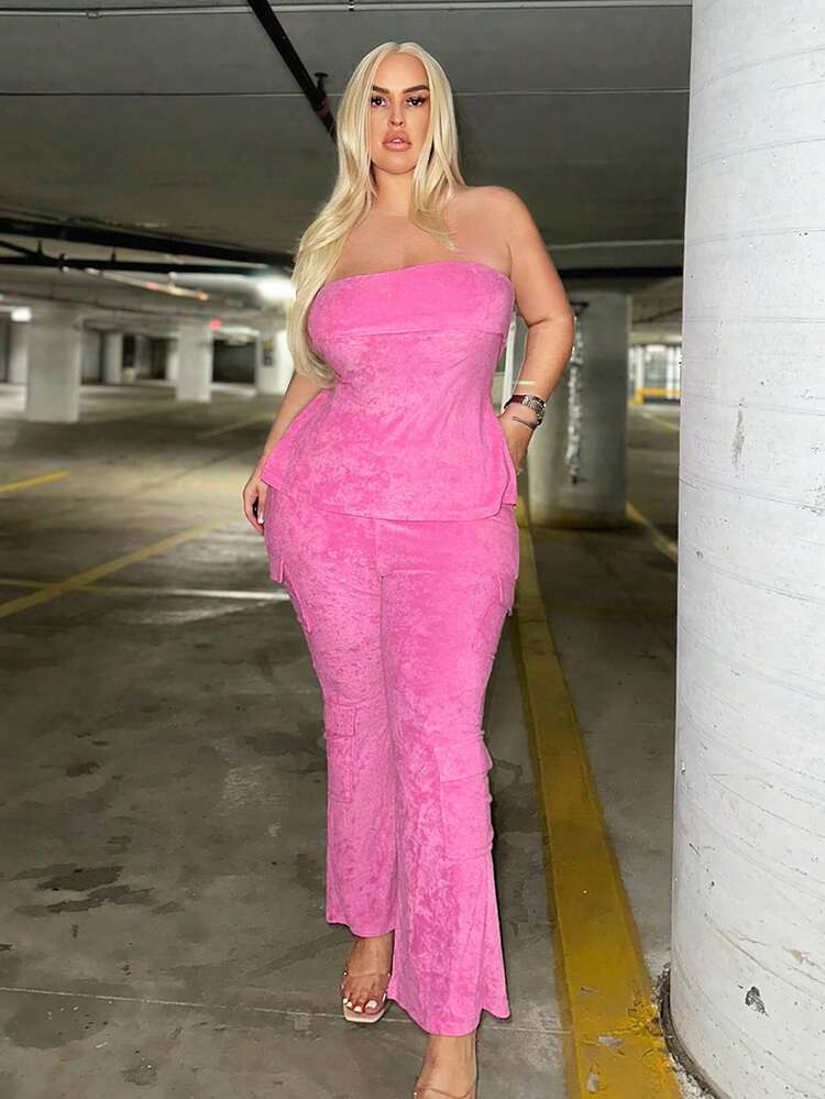 Plus Size Women's Pink Strapless Top Flared Pants Two Piece Set