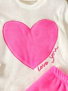 Young Girl Contrast Color Heart & Letter Embroidered Plush Long Sleeve Pajama Set - Hot Pink - View 3