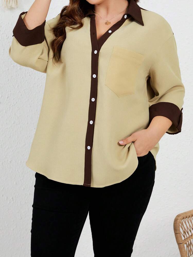Women's Plus Size Color Block Button Down Shirt With Attached Pockets And Rolled Sleeves