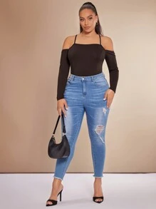 SHEIN BAE 大尺碼修身連體衣,採用空心設計細節 - 咖啡棕 - 查看 3