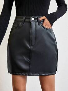EURMUSE Women's Straight Denim Skirt With Slit And Diagonal Pockets - Black - View 1