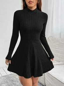 SHEIN PETITE Solid Color Women's Stand Collar Ribbed Knit Dress - Black - View 5