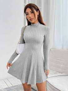 SHEIN PETITE 女士實色立領肋針織連身裙 - 灰色 - 查看 4