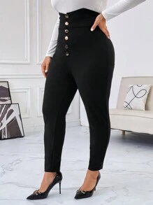SHEIN Privé Pantalones Ajustados De Talla Grande Con Cintura Alta Y Cremallera De Botón - Negro - Ver 10