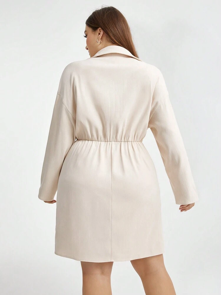 Plus Size Solid Color Long Sleeve Buttoned Pocket Dress