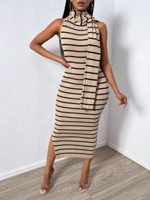 Zolique Long Sweater Dress For Women With A Scarf - Khaki - View 5