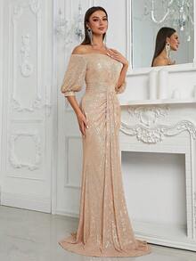 YISIKADO Vestido de vestir de hombros descubiertos de manga farol con lentejuelas - Champán - Ver 4