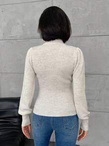 Cloudara Solid Bishop Sleeve Turtle Neck Sweater - Beige - View 2