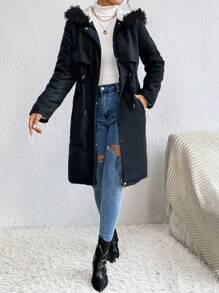 SHEIN Frenchy Women's Drawstring Fur Collar Hooded Padded Coat - Navy Blue - View 5
