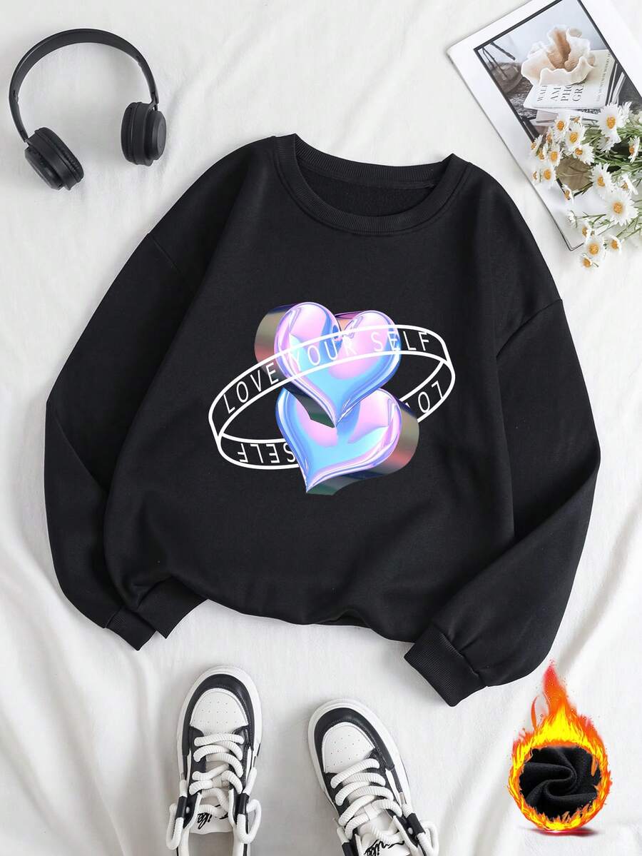 SHEIN Unity 女款心形圖案抓絨運動衫 - 黑色 - 查看 1