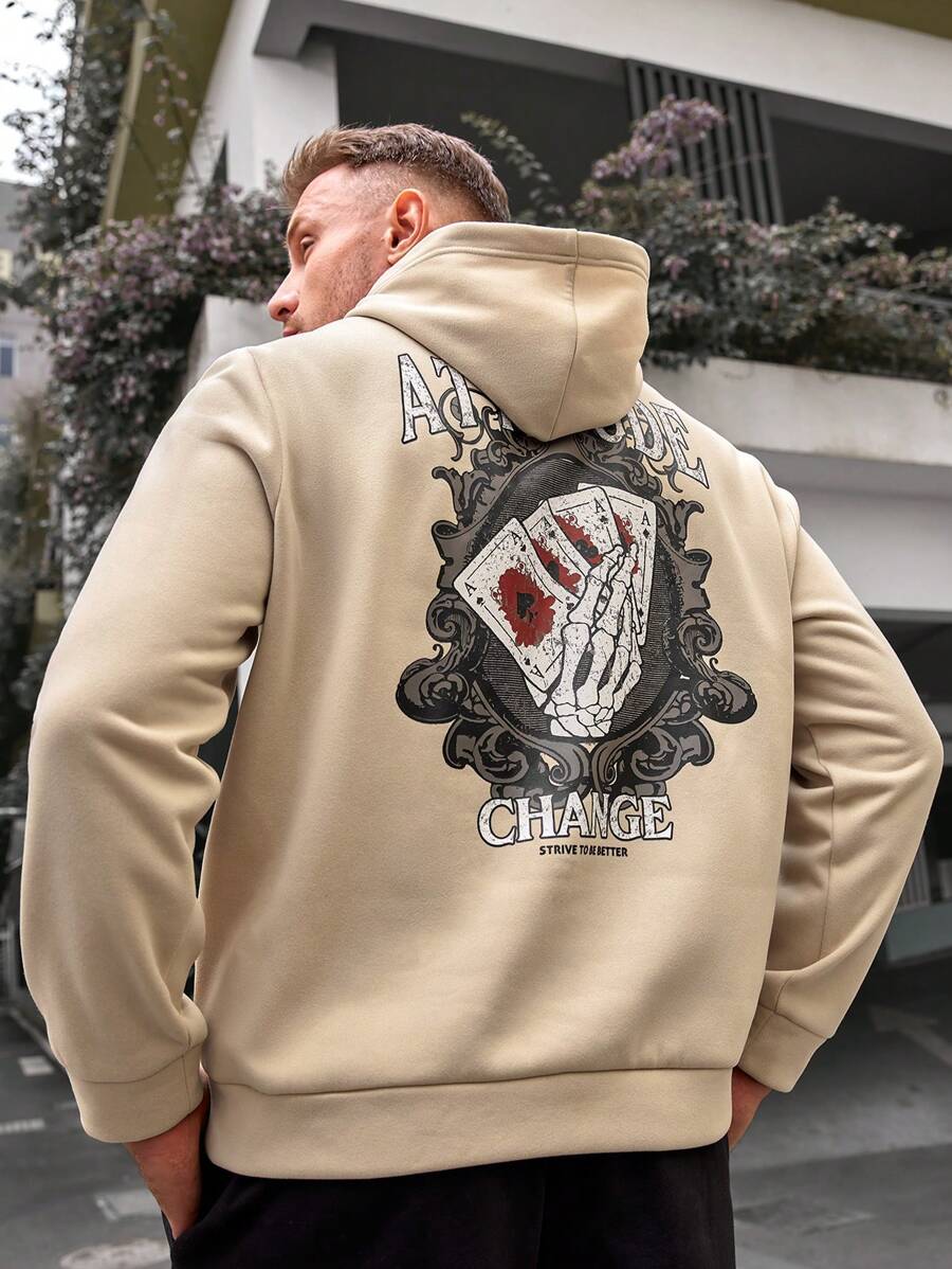 GENTILAND Knit Leisure Hoodie For Plus Size Men, Featuring Playing Card Print On The Back - Khaki - View 1