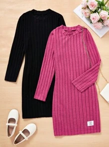 SHEIN 青少年女孩純色肋紋連衣裙 - 彩色 - 查看 1