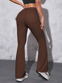 SHEIN PETITE 女士實色喇叭牛仔褲,印花口袋設計 - 棕色 - 查看 2