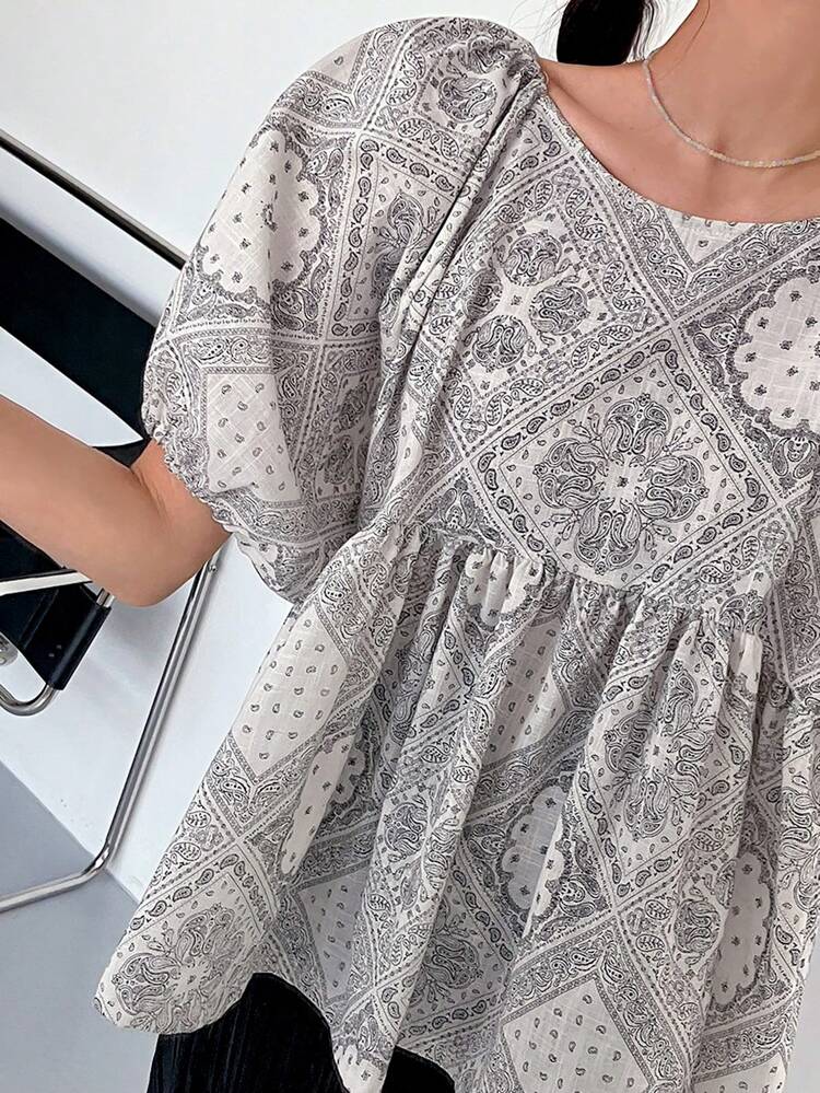 Ladies' Paisley Print Puff Sleeve Blouse Vacation Outfits Women Boho