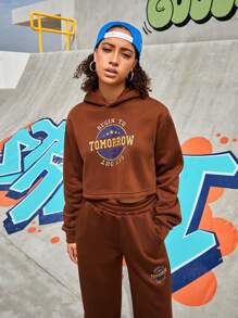 Gameset SHEIN Sport Women's Hooded Sportswear Set With Letter Prints - Coffee Brown - View 9