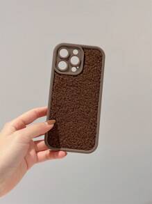 棕色毛絨暖手手機殼，適用於蘋果iPhone - 棕色 - 查看 3