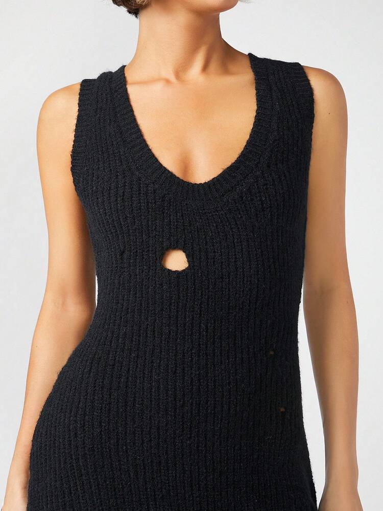 Ripped V Neck Sweater Dress