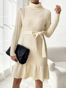 Chiquease 女性純色高領荷葉邊毛衣連衣裙