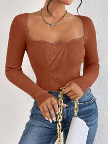 SHEIN Frenchy Của phụ nữ Người yêu Đường viền cổ áo Đồ đan Ribbed Áo len - màu nâu - Xem 3