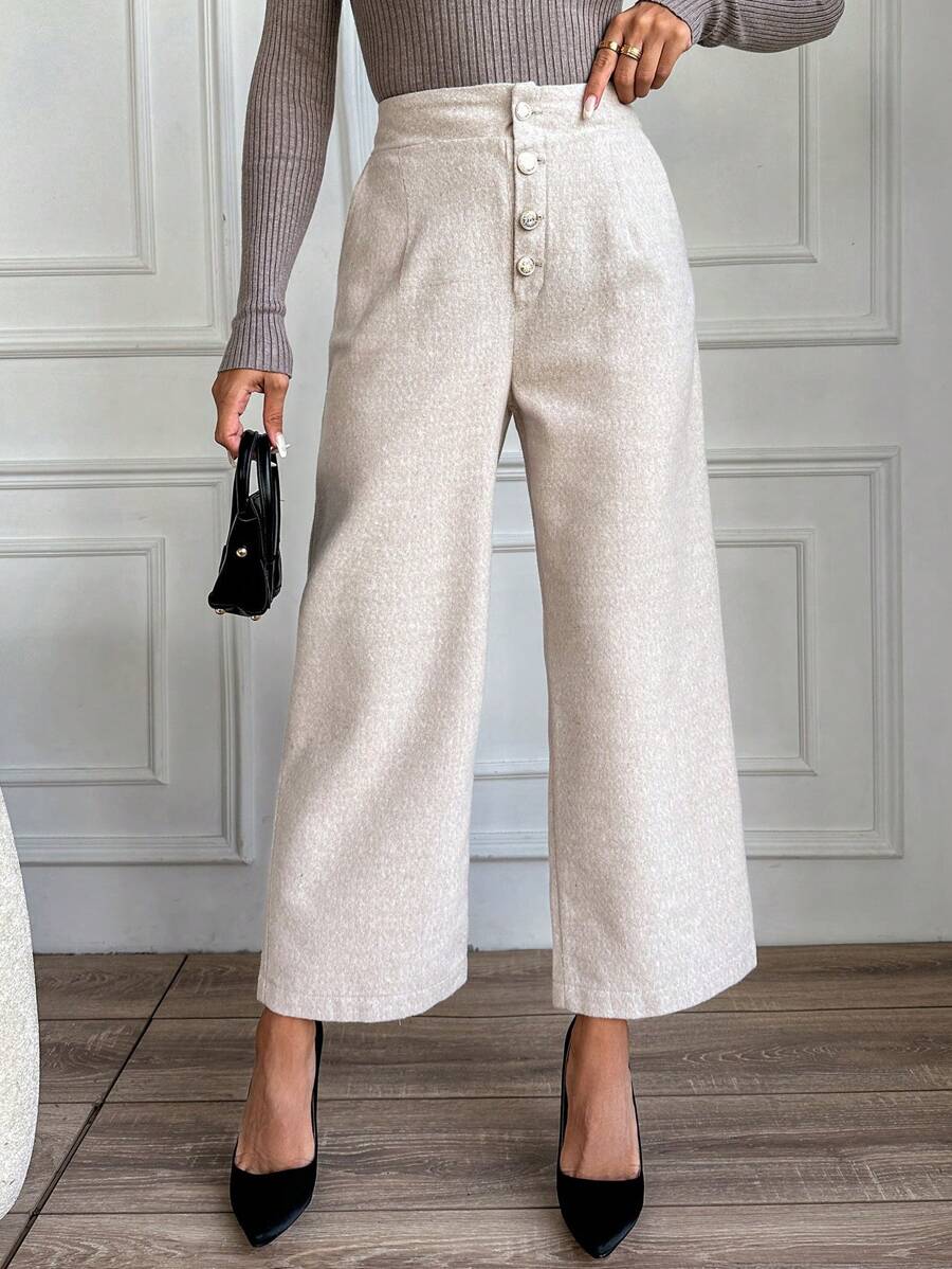 EURMUSE Women's Button Front Pants - Beige - View 1