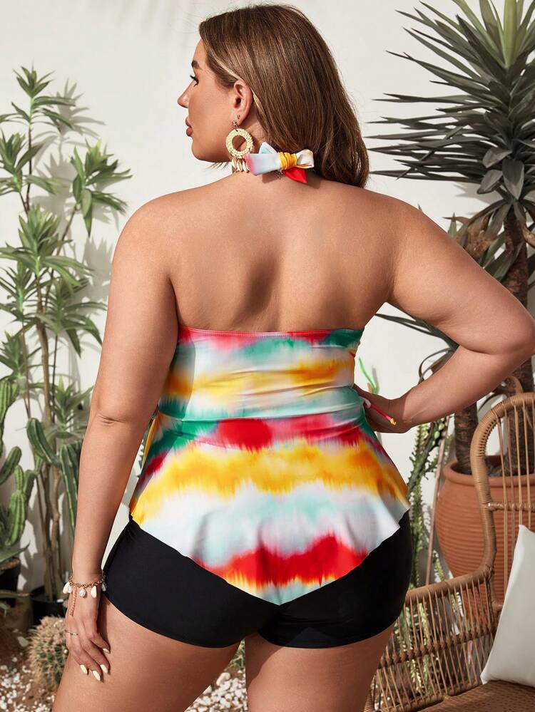 Plus Size Women's Tie-Dye Halter Tankini Set Summer