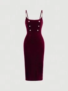 SHEIN MOD 女性瘦身鈕扣細節細肩帶連身裙 - 酒紅色 - 查看 1