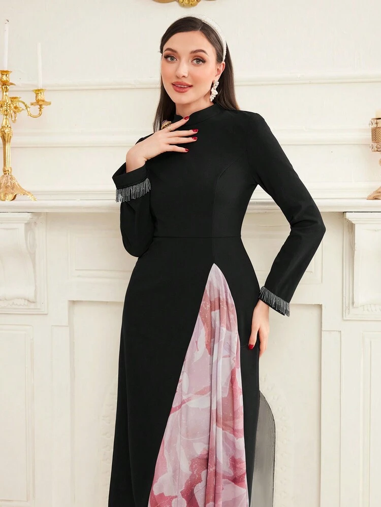 Women's Color Block Floral Print Patchwork Fringe Sleeve Hem Dress