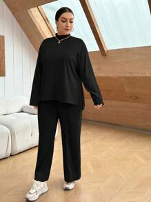 SHEIN Essnce 大尺碼高領垂肩長袖t恤和褲子套裝 - 黑色 - 查看 5