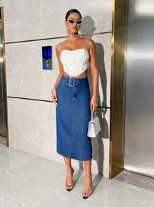 SHEIN BAE Women's Mid-length Straight Denim Skirt - Dark Wash - View 5