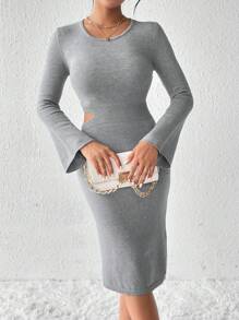Chiquease Quý cô Màu thuần Đơn giản Rỗng ra eo Đầm Áo len - Xám - Xem 1