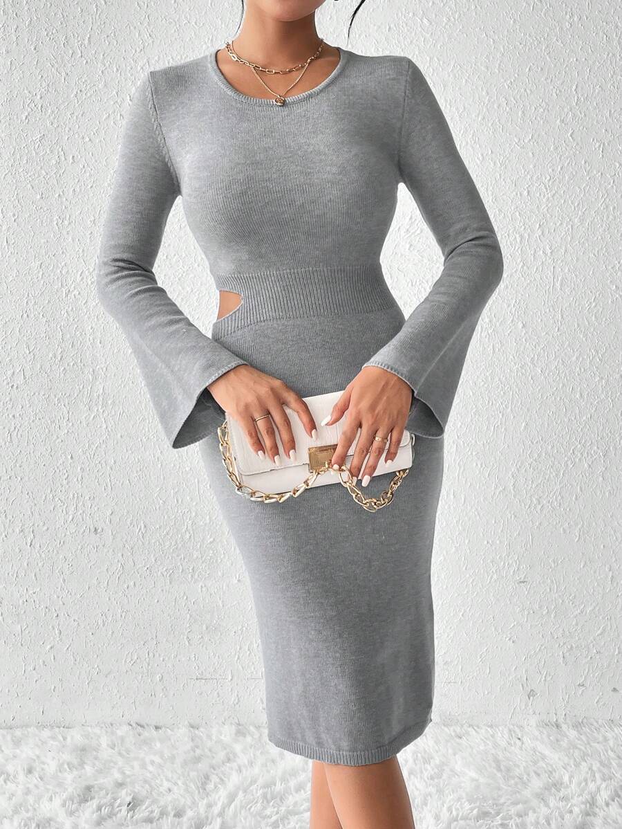 Chiquease Quý cô Màu thuần Đơn giản Rỗng ra eo Đầm Áo len - Xám - Xem 1