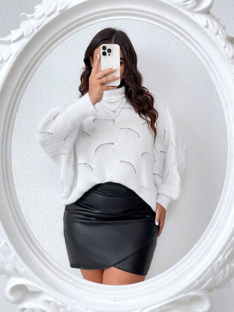 Plus Size Hollow Out Turtleneck Batwing Sleeve Pullover Sweater Knit Pullover Fall Winter Sweater