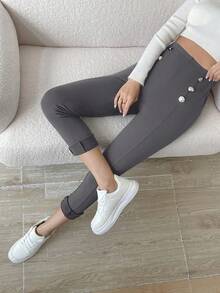 Chiquease Button Detail Fleece Leggings - Grey - View 3