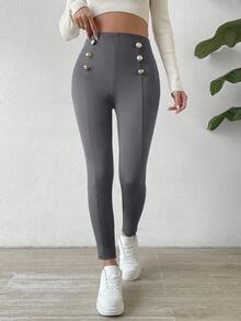 Chiquease Button Detail Fleece Leggings - Grey - View 5