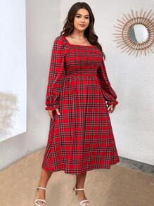 SHEIN LUNE 大碼格子呢圖案方領燈籠袖洋裝