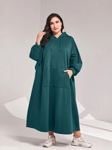 Mulvari 大尺碼女士純色袋鼠口袋連帽運動裙,帶束繩 - 水鴨藍 - 查看 5