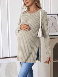 SHEIN Camiseta Premamá De Canalé Con Cuello Redondo Y Color Liso - Albaricoque - Ver 6