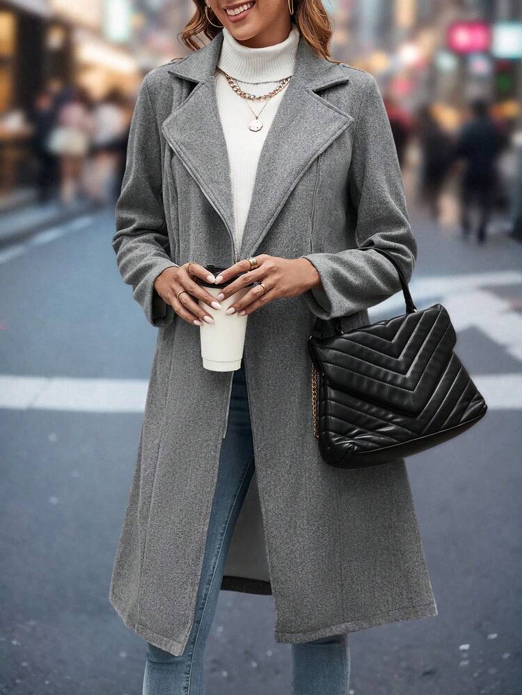 Ladies Lapel Zip Fly Woolen Jacket